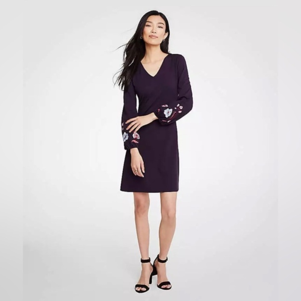 ANN TAYLOR Embroidered Sleeve Flare Shift Dress Purple V-Neck Long Sleeve Size L